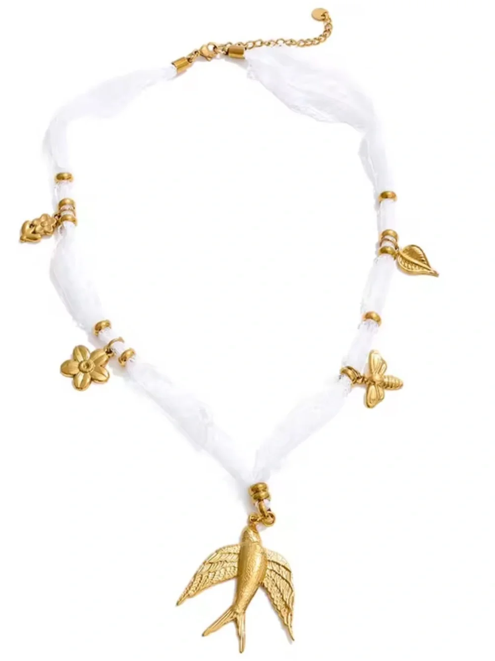 Gold Bird Charm White Lace Necklace